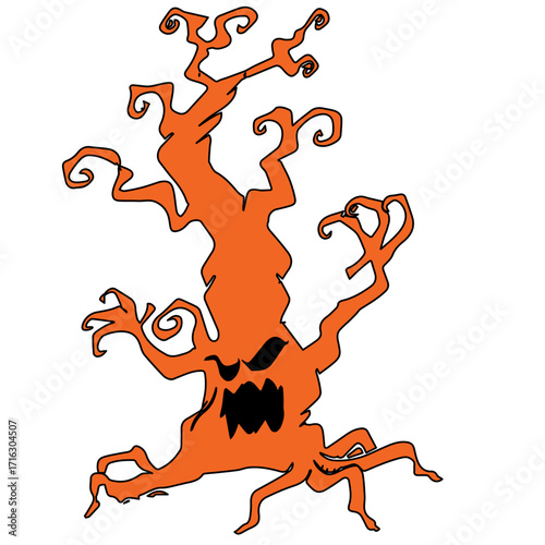 Spooky Cartoon Style Monster Tree Halloween Illustration with Creepy Details
