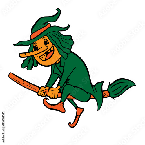 Cartoon Style Illustration Flying Witch on Broom for Halloween Holiday