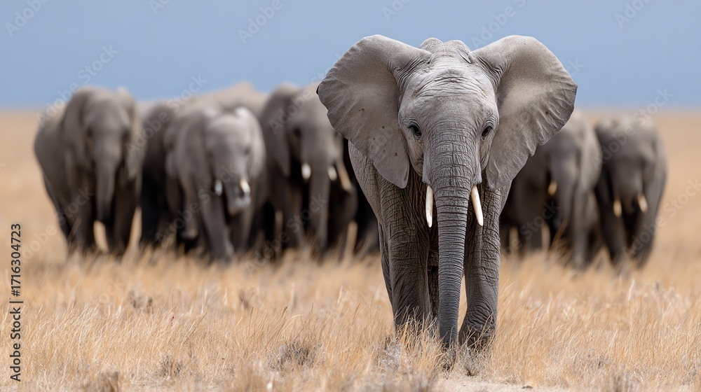 Fototapeta premium A majestic elephant leads its herd across the arid landscape, showcasing the beauty and strength of wildlife. This stunning scene captures the essence of nature's wonders.