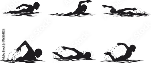 Silhouette of swimmer training in water, freestyle stroke, professional swimming, sports fitness, competition, athlete exercising, aquatic movement