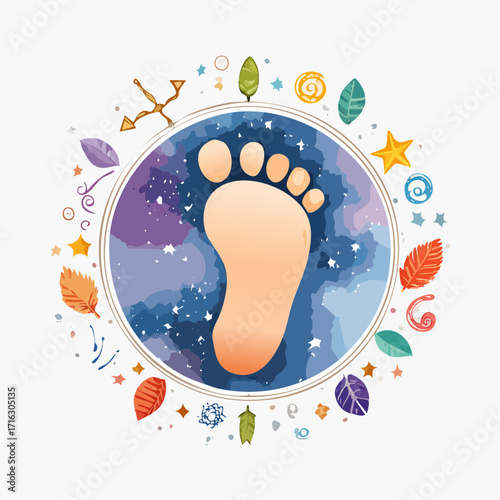 Footprint surrounded by colorful leaves and celestial elements representing nature's journey and connection to the universe in a whimsical style.