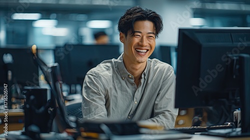 Asian man developer is smiling in front of a computer in modern office. Happy male programmer working on new project in technology company.