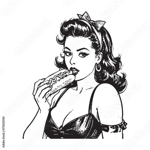 Hand drawn of pinup woman eat hotdog	engraving vector illustration.
