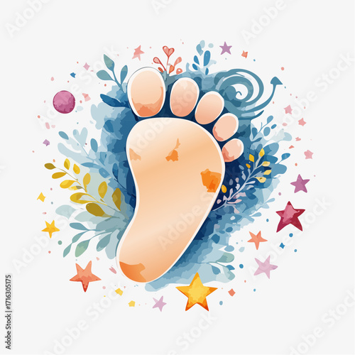 Watercolor footprint surrounded by floral elements and stars creating a whimsical and playful composition on a white surface, evoking a sense of innocence and joy.