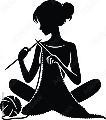 Black silhouette of a woman knitting vector illustration isolated on a white background