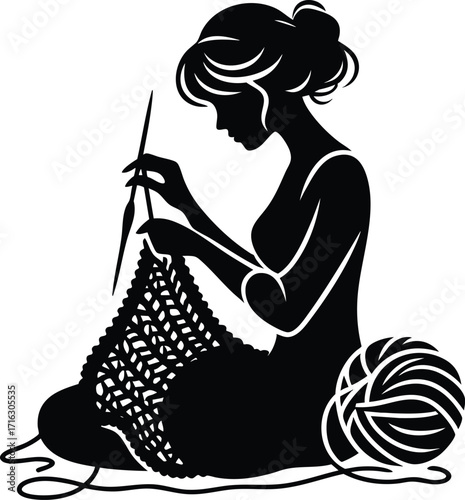 Black silhouette of a woman knitting vector illustration isolated on a white background