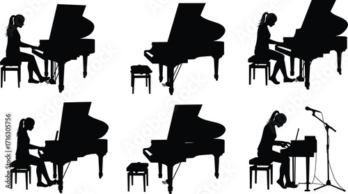 Silhouette of woman playing piano, pianist performing music, grand piano concert, classical musician, music practice, stage performance, instrument art