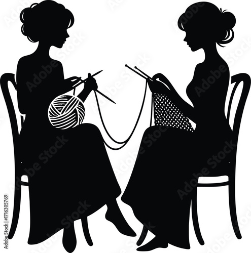 Black silhouette of a woman knitting vector illustration isolated on a white background
