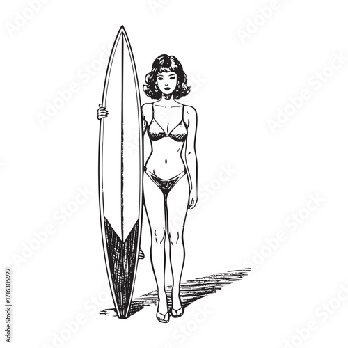 Detailed Vector Illustration pin-up girl woman with a surfboard, classic beach vibes sketch engraving generative ai fictional character raster illustration. Scratch board. Black and white