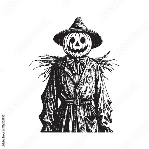 Vector illustration of Scarecrow with pumpkin head in detailed engraving style silhouette