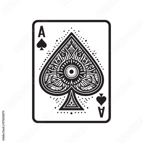 Detailed Black and White Engraving of spade ace card on White Background