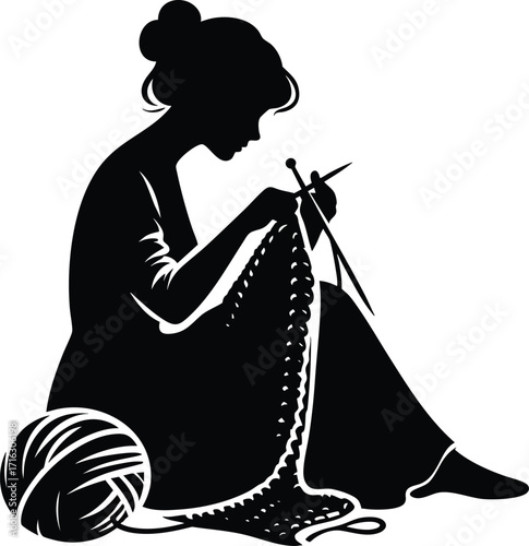 Black silhouette of a woman knitting vector illustration isolated on a white background