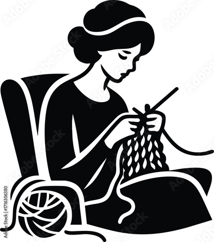 Black silhouette of a woman knitting vector illustration isolated on a white background