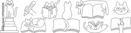 cat character and the book set in linear doodle style in vector. elements for decor postcard design print sticker poster mascot