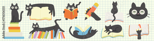 black cat character and the book set in doodle style in vector. elements for decor postcard design print sticker poster mascot