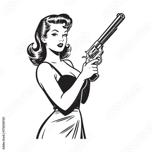 pinup woman holding gun	Black and White Engraved Style