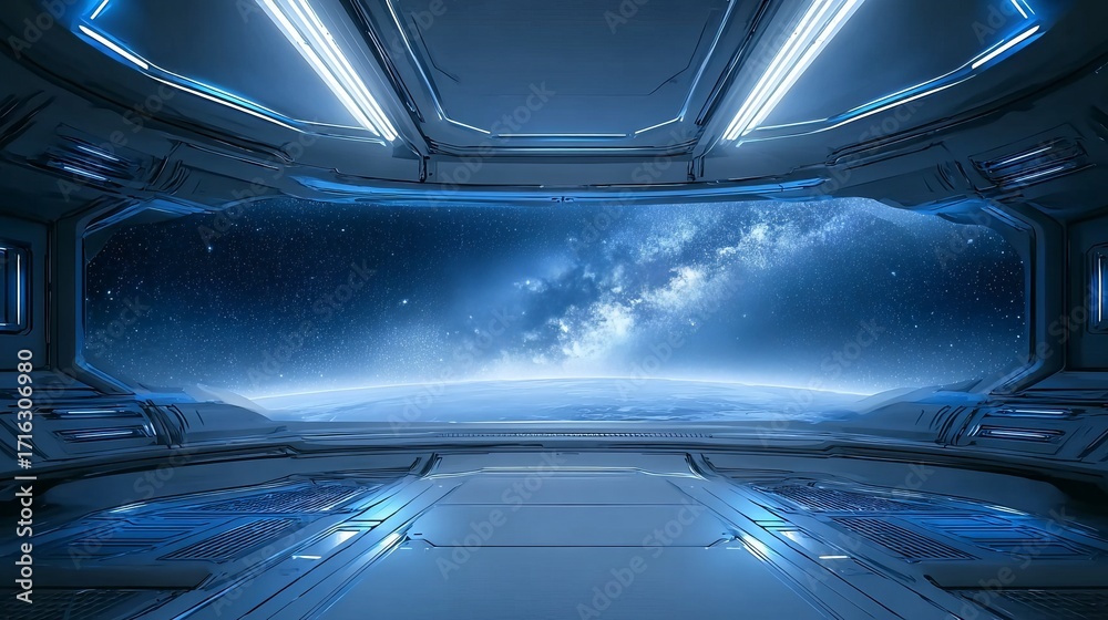 Obraz premium Interior view of a futuristic spacecraft cockpit with a star-filled galaxy visible through the window