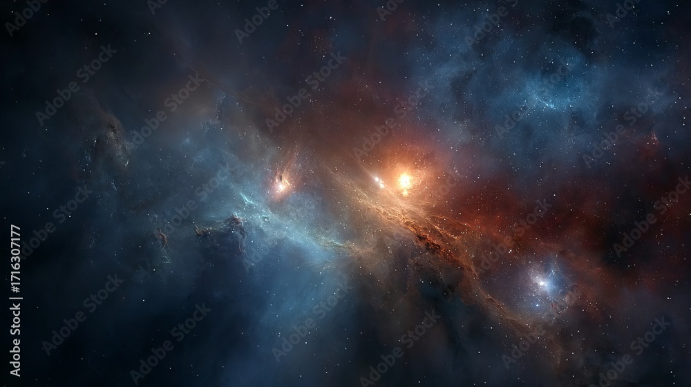 Naklejka premium Cosmic nebula with glowing stars and interstellar dust clouds in deep space