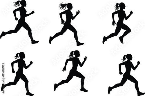 Silhouette of woman running, female jogging, fitness exercise, healthy lifestyle, athlete training, outdoor sport, marathon preparation, speed, strength, endurance