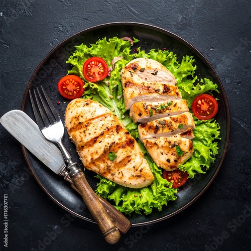 Grilled chicken breast with lettuce and tomatoes