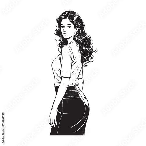 woman with curvy long hair wear dress looking forward in Black and White Engraving Art