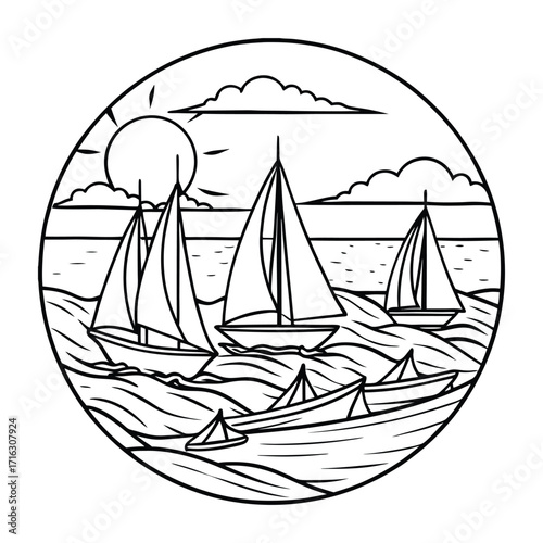 Seabreeze kids line art t shirt design silhouette and vector, detailed illustration perfect for relaxation and stress relief, ideal for coloring books or printable art therapy.