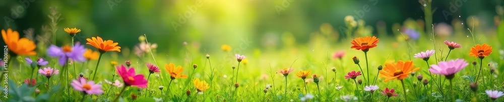 Obraz premium Vibrant wildflowers in a lush meadow, creating a beautiful, natural background Perfect for design projects needing a touch of nature's beauty and elegance , spring, wildflower background