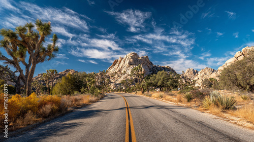 Desert road scenic view Joshua trees rocks and blue sky