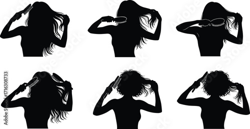 Silhouette woman brushing hair, beauty routine, hair care, personal grooming, hairstyle maintenance, femininity, wellness, self care