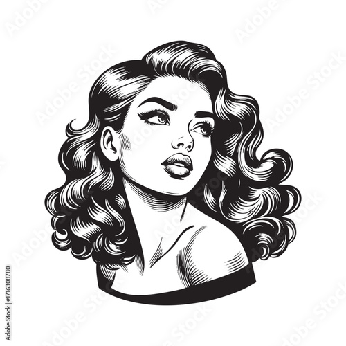 woman with curvy long hair wear dress looking upward	in Black and White Engraving Art