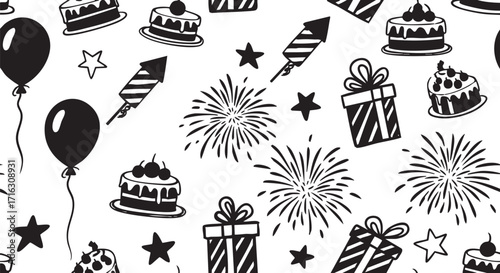 Festive seamless pattern with cake fireworks gifts and balloons