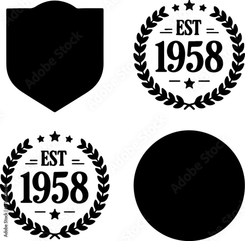 Collection of four black graphic design elements including shields wreaths and circles