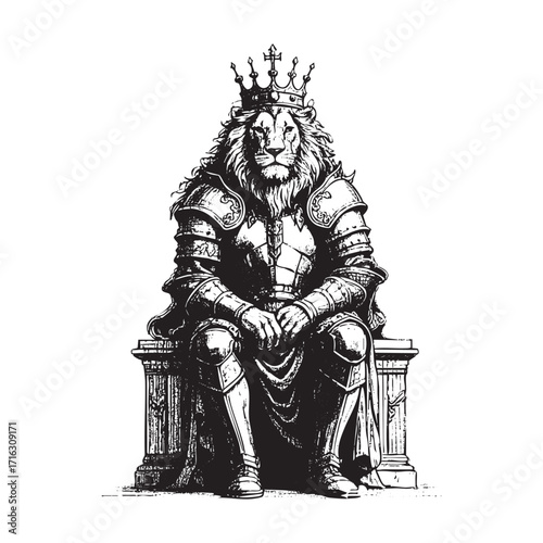 Detailed Black and White Drawing of lion wear crown sit on the throne black on white line art.