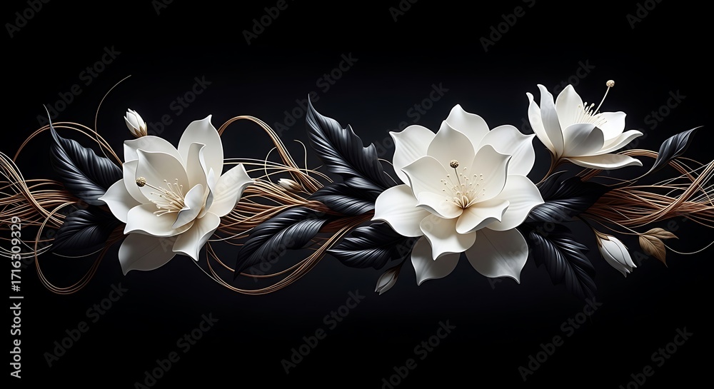 Fototapeta premium Elegant white flowers with dark leaves and gold accents on black background