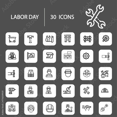Minimalist labor line icons set with editable stroke, featuring minus screwdriver, drill, shoes, hammer, wrench, helmet, firs, gloves, truck, ruller, gear, blue print, engin. thin linear illustration.