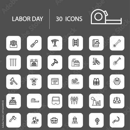 Work line icons set with editable stroke, featuring less screwdriver, drill, shoes, hammer, wrench, helmet, firs, gloves, truck, driver, equipment, plant, engine. thin linear illustration.