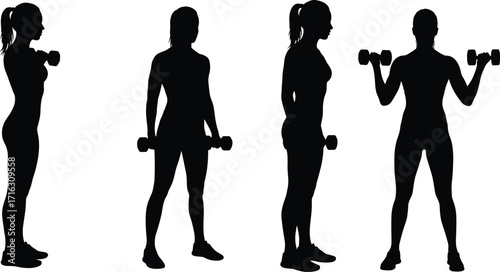Silhouette woman exercising with dumbbells, female fitness training, gym workout, bodybuilding, strength exercise, healthy lifestyle, sports activity, weightlifting illustration