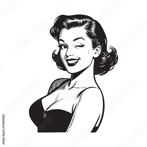 Engrave of Retro girl wink illustration silhouette. in monochrome drawing. black on white line art.