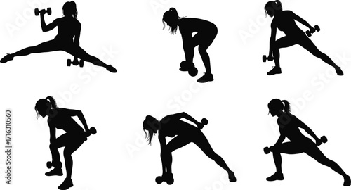 Silhouette woman fitness training with dumbbells, strength workout, exercise routine, healthy lifestyle, gym workout, body toning, active sportswoman posing