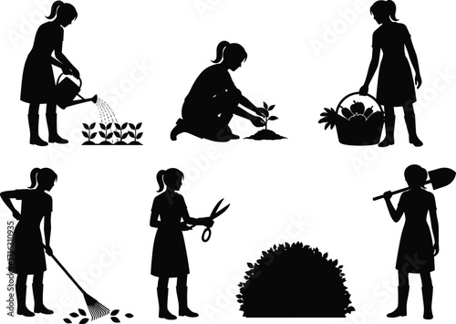 Silhouette woman gardening, planting, watering plants, harvesting vegetables, trimming bushes, garden tools, outdoor farming, agriculture concept