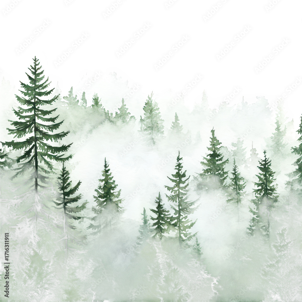 Obraz premium Lush green forest landscape shrouded in mist. tall evergreen trees surrounded by a serene atmosphere. perfect for nature-themed projects and environmental awareness
