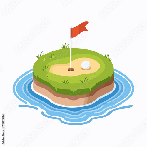 Golf Island Green with Flag and Ball – Vector Illustration