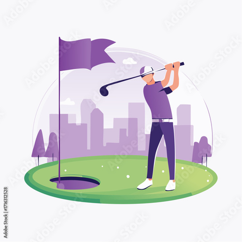 Man Putting Golf Ball into Hole – Sport Vector Illustration