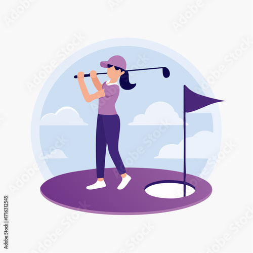 Woman Playing Golf – Swinging Club Vector Illustration