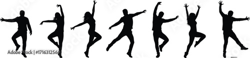 Silhouette dancers performing dynamic poses, artistic dance movement illustration, black figures isolated on white background, choreography concept, expressive performance art,