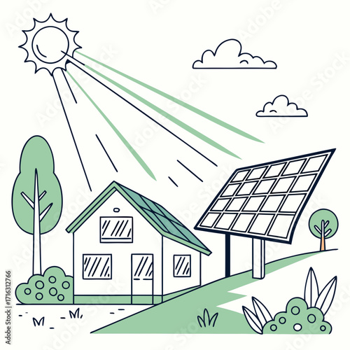 Illustration of a house with solar panels on the roof and a separate solar panel array receiving sunlight