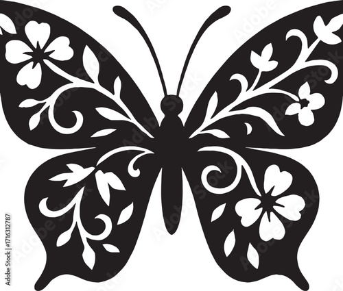 Butterfly silhouette with floral vines woven into its wings vector with white background 
