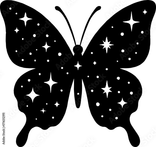 Butterfly silhouette with galaxy stars inside wings - cosmic design vector with white background 