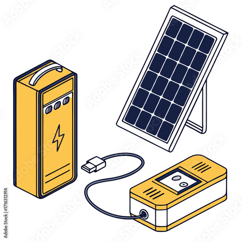 Isometric illustration of a portable solar panel charging a power bank and a separate battery pack