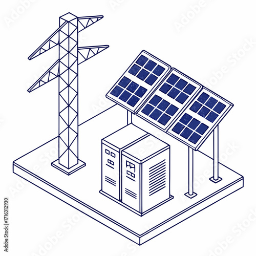 Isometric illustration of a solar power station with solar panels and electrical equipment next to a pylon